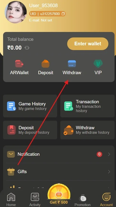 go to the withdraw page